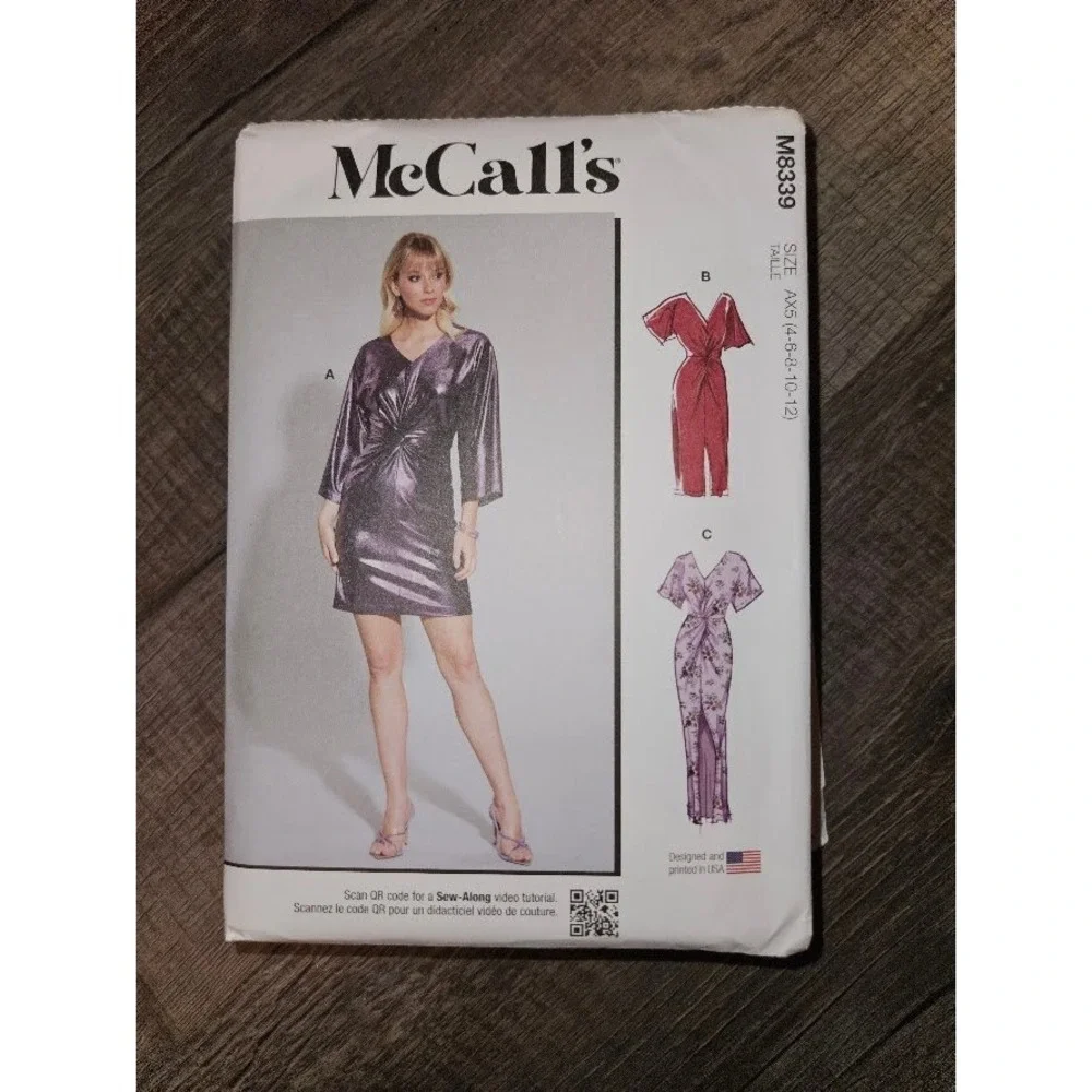 McCalls M8339 Misses Knit Dress Sewing Pattern Front Twist V-Neck Uncut Sz 4-12